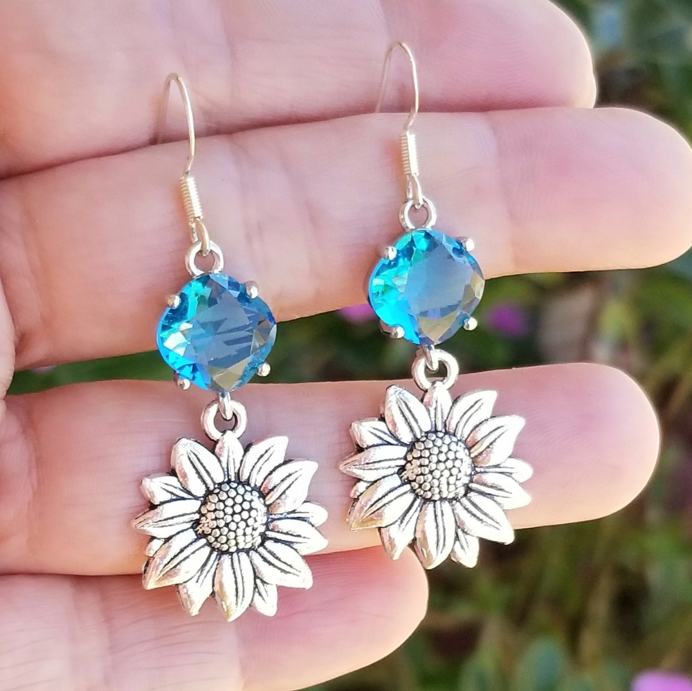 Sterling Silver Blue Topaz  Sunflower Earrings, Blue Topaz Earrings, Sunflowers